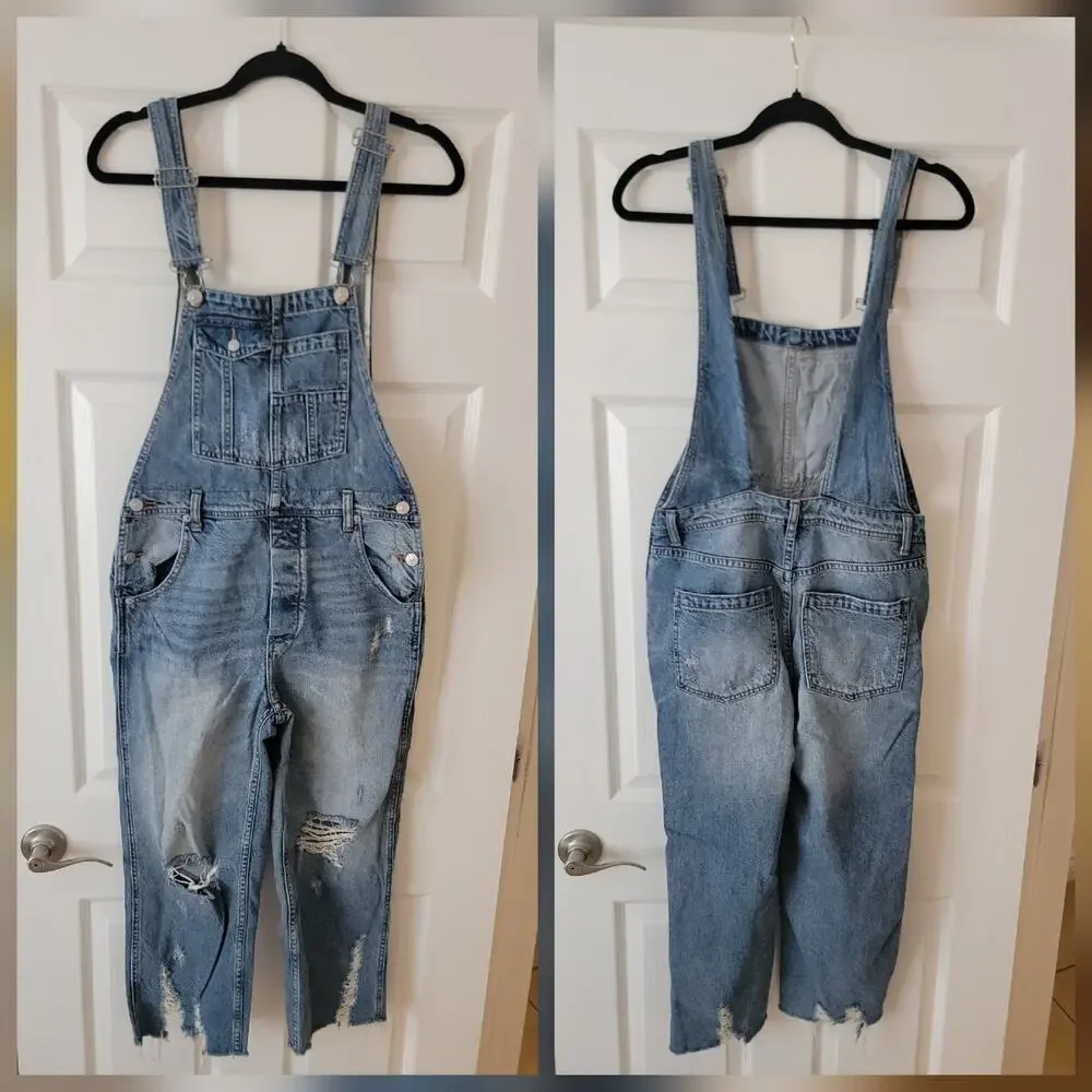 Free People Baggy BF Denim Overalls SZ 24 Boyfriend Distressed Drapey OB 898204